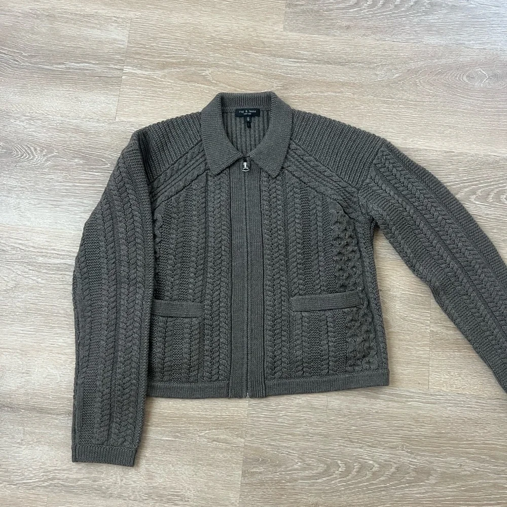 Rag & Bone Merino Wool Kerry Cardigan Zip-Front Cable Knit Sweater Jacket - Picture 2 of 8